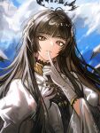 1girl absurdres arknights black_hair black_halo black_wings blue_sky blunt_bangs broken_halo chinese_commentary cloud commentary_request day detached_wings diamond-shaped_pupils diamond_(shape) feitong27 finger_to_mouth gloves grey_eyes hair_ornament halo highres hime_cut juliet_sleeves long_sleeves looking_at_viewer looking_down mole mole_under_eye official_alternate_costume outdoors partial_commentary puffy_sleeves shirt shushing sky solo straight_hair symbol-shaped_pupils upper_body virtuosa_(ambience_synesthesia_2026)_(arknights) virtuosa_(arknights) white_gloves white_shirt wing_hair_ornament wings yellow_pupils 