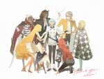  4boys 4girls absurdres animal_ears arm_up ascot barefoot basilio_(metaphor:_refantazio) black_boots black_coat black_dress black_gloves black_horns black_jacket black_pants black_shirt black_shoes blonde_hair blue_hair boots braid braided_sidelocks closed_eyes closed_mouth coat coat_on_shoulders commentary covering_own_mouth dark-skinned_female dark-skinned_male dark_skin dress english_commentary english_text eupha_(metaphor:_refantazio) facial_hair fairy fairy_wings feathered_wings gallica_(metaphor:_refantazio) glasses gloves gorget green_pantyhose green_shirt grey_background grey_eyes grey_hair hair_between_eyes hairband hand_on_another's_arm hand_on_own_hip hand_over_own_mouth hand_up hands_on_own_hips heismay_(metaphor:_refantazio) high_heel_boots high_heels highres horns hulkenberg_(metaphor:_refantazio) index_finger_raised jacket junah_(metaphor:_refantazio) kneeling leotard long_hair long_sleeves looking_at_another low_wings metaphor:_refantazio mini_person minigirl multiple_boys multiple_girls mustache mystical_high_collar neuras_(metaphor:_refantazio) opaque_glasses open_clothes open_coat open_mouth orange_hair orange_thighhighs pants pantyhose pointy_ears poncho print_dress print_poncho protagonist_(metaphor:_refantazio) red_hair red_shoes round_eyewear sheath sheathed shirt shirt_tucked_in shoes short_hair sidelocks simple_background sleeveless sleeveless_dress smile spoilers standing striped_clothes striped_shirt strohl_(metaphor:_refantazio) sword thighhighs third_eye twin_braids weapon white_ascot white_gloves white_hair white_hairband white_jacket white_shirt white_shoes white_wings wings wristband yellow_coat yellow_leotard yosora 
