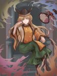  1girl blonde_hair boots brown_boots brown_hat closed_mouth commentary_request constellation_print detached_sleeves drum energy green_skirt hat highres ilstraight_mima instrument long_hair long_sleeves looking_at_viewer matara_okina on_throne orange_tabard sitting skirt smile solo sun_print tabard throne touhou tsuzumi wide_sleeves yellow_eyes 
