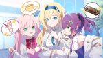  3girls ahoge aqua_eyes artist_request black_collar blonde_hair blue_eyes blue_hairband blue_ribbon bow bowtie cardigan closed_mouth collar food game_asset green_eyes hair_ornament hairband high-waist_skirt jacket jacket_partially_removed kuchiba_rami momozono_meru multiple_girls muv-luv muv-luv_girls_garden narutaki_nanairo neck_ribbon necktie official_art open_clothes open_jacket pancake parfait pink_cardigan pink_hair pointing pointing_up purple_hair purple_necktie purple_skirt red_bow red_bowtie ribbon school_uniform shirt skirt sparkle spoken_food steak third-party_source tree white_jacket white_shirt 