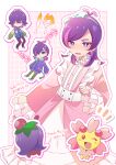  !? 1girl absurdres antenna_hair arrow_(symbol) bow_hairband bright_pupils buttons cherrim cherrim_(overcast) cherrim_(sunshine) chibi commentary_request dot_(pokemon) dress freckles hairband headphones highres jacket long_hair long_sleeves mikan_bako multiple_views notice_lines open_mouth outline pink_dress pokemon pokemon_(anime) pokemon_(creature) pokemon_horizons purple_eyes purple_hair sweatdrop translation_request white_pupils 