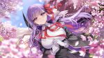  1girl absurdres architecture bb_(fate) bb_(fate/extra) black_coat black_skirt blue_sky blush breasts cherry_blossoms chinese_commentary coat commentary_request fate/grand_order fate_(series) gloves highres large_breasts long_hair long_sleeves looking_at_viewer multicolored_coat open_clothes open_coat outdoors popped_collar purple_eyes purple_hair red_ribbon ribbon shenqi_xiao_hong_zai_nali shirt skirt sky smile solo tearing_up tears two-tone_coat white_gloves white_shirt 