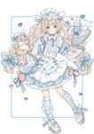  1girl apron bag blonde_hair blue_bow blue_dress blue_eyes blue_hairband blue_socks blunt_bangs blush bow braid closed_mouth commentary dress english_commentary frilled_apron frilled_dress frilled_hairband frills full_body hair_bow hairband highres kneehighs layered_sleeves long_hair long_sleeves looking_at_viewer muto_095 original shoes short_over_long_sleeves short_sleeves sleeves_past_wrists smile socks solo standing standing_on_one_leg twin_braids white_apron white_background white_shoes 