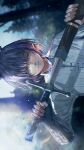  1girl absurdres advarcher blue_eyes blunt_bangs blurry blurry_background closed_mouth collared_shirt commentary drawing_sword expressionless highres holding holding_sheath holding_sword holding_weapon hololive hololive_english long_sleeves looking_at_viewer mole mole_under_eye ninomae_ina'nis outdoors pointy_ears purple_hair sheath shirt short_hair sideways solo sword upper_body virtual_youtuber weapon white_shirt 