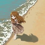  1girl arms_behind_back beach blush brown_dress brown_eyes brown_hair day drawing_on_sand dress from_above futami_ami idolmaster idolmaster_million_live! jaggy_lines long_hair miyao_miya ocean outdoors plaid_clothes plaid_dress puffy_short_sleeves puffy_sleeves pxllb sand shadow shoes short_sleeves smile solo walking water white_shoes wind 
