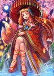  1girl animal_ears artist_name cherry_blossoms colorful commentary cross-laced_sandals fire floral_print floral_print_kimono fox fox_ears fox_girl full_body full_moon highres hitodama holding holding_umbrella japanese_clothes juban kanoir kimono kitsune kyuubi layered_kimono long_sidelocks moon multiple_tails night oil-paper_umbrella okobo open_mouth original platform_sandals print_kimono pyrokinesis red_hair red_kimono red_rope red_sandals rope sandals sidelocks sitting solo tail teeth thick_eyebrows toes umbrella upper_teeth_only very_long_sidelocks water 