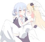  2girls absurdres bare_back bare_shoulders black_flower black_rose black_suit blonde_hair blue_hair blue_necktie braid braided_hair_rings carrying closed_eyes closed_mouth commentary_request dress flower green_eyes hair_flower hair_ornament hair_rings highres jewelry long_hair mahou_shoujo_no_majo_saiban march_23th multiple_girls necktie princess_carry ring rose shirt short_hair simple_background strapless strapless_dress suit tachibana_sherry tono_hanna veil wedding_dress white_background white_dress white_shirt white_wings wing_hair_ornament wings yellow_eyes yellow_flower yellow_rose yuri 