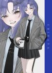  1girl absurdres black_nails black_necktie black_skirt blue_hair blue_nails brown_eyes character_name collared_shirt cup disposable_cup ear_piercing feet_out_of_frame fingernails gradient_nails grey_jacket grin hand_in_pocket highres holding holding_cup idolmaster idolmaster_(classic) jacket kagenone kisaragi_chihaya lapels long_fingernails long_hair long_sleeves looking_at_viewer miniskirt multicolored_nails nail_polish necktie notched_lapels piercing pinstripe_jacket pinstripe_pattern pleated_skirt shirt skirt smile solo standing zoom_layer 