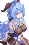  1girl absurdres bell blue_hair bodystocking breasts brown_eyes commentary_request cowbell detached_sleeves ganyu_(genshin_impact) genshin_impact goat_horns hair_between_eyes highres horns large_breasts long_hair moni_(moni7475) neck_bell red_horns simple_background sitting solo sweat sweatdrop very_long_hair white_background white_sleeves 