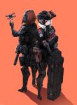  2girls absurdres assault_rifle brown_hair bulletproof_vest chest_rig cqcnorthfish drone from_above gun handgun headphones helmet highres holster looking_at_viewer mecha_musume mechanical_arms mechanical_legs military multiple_girls night_vision_device orange_background original red_eyes rifle shield short_hair simple_background standing suppressor tactical_clothes thigh_holster weapon weapon_request white_hair 
