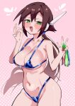  1girl absurdres aile_(mega_man_zx) bikini blue_bikini blush breasts brown_hair buzzlyears commentary condom cowboy_shot fellatio_gesture green_eyes heart highres holding holding_condom large_breasts mega_man_(series) mega_man_zx mega_man_zx_advent pink_background ponytail robot_ears simple_background solo swimsuit used_condom w 