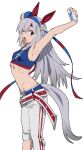  1girl animal_ears asymmetrical_pants betti_(xx_betti) blue_hairband blush breasts ear_covers fang fingerless_gloves gloves grey_hair hair_ornament hairband highres horse_ears horse_girl horse_tail looking_at_viewer multicolored_hairband navel no_jacket one_eye_closed open_mouth pants red_hairband ribs simple_background small_breasts solo stretching tail tamamo_cross_(fast_as_lightning)_(umamusume) tamamo_cross_(umamusume) two-tone_hairband umamusume white_background white_gloves white_pants 