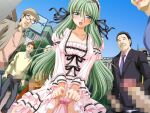  1girl 2000s_(style) 5boys :o blue_eyes blush casual censored clothes_lift day dress frills furrowed_brow game_asset green_hair grin hair_ribbon hetero kagashima_itsuki lolita_fashion long_hair mahou_senshi_(series) mahou_senshi_elixir_knights mosaic_censoring multiple_boys non-web_source official_art open_mouth outdoors panties penis pink_panties public_indecency public_nudity pussy_juice ribbon saitou_natsuki self-datamine smile solo_focus underwear variant_set visual_novel_cg wet wet_clothes wet_panties 