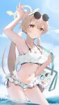  1girl \||/ absurdres arm_up armpits bag bikini blue_archive blue_sky blush breasts bright_pupils brown_eyes brown_hair cleavage cloud collarbone commentary_request cowboy_shot day eyebrows_hidden_by_hair eyelashes eyewear_on_head frilled_bikini frills hair_between_eyes hair_ornament halo hifumi_(blue_archive) hifumi_(swimsuit)_(blue_archive) highres holding holding_bag long_hair looking_at_viewer low_twintails navel ocean official_alternate_costume outdoors parted_lips peroro_(blue_archive) ribbon-trimmed_bikini ribbon_trim round_eyewear ruffle_bikini shinonome_(jugg7238) side-tie_bikini_bottom sidelighting sky small_breasts solo stomach straight_hair sunglasses sunlight swimsuit twintails very_long_hair wading water waving white_bikini wing_hair_ornament winged_halo yellow_halo 