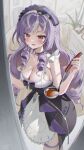  1girl absurdres apron bare_shoulders black_bow black_choker black_skirt blush bow breasts chama_(chacoc0) choker cleavage commentary_request cowboy_shot dot_nose drill_hair highres holding holding_ladle indoors ladle large_breasts long_hair looking_at_viewer mole mole_under_eye multicolored_hair open_mouth parted_bangs picture_frame plant pointy_ears potted_plant purple_bow purple_hair quad_drills red_eyes skirt solo standing streaked_hair table thigh_strap vivian_banshee white_apron white_streaks window wooden_floor zenless_zone_zero 