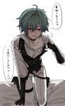  0x2lsu 1boy ahoge belt belt_collar black_belt black_gloves blush buttons choker collar collarbone collared_shirt commentary_request earrings fingerless_gloves genshin_impact gloves green_hair hair_between_eyes hair_intakes highres jewelry kneeling lapels lohen_(genshin_impact) lohen_(standardized_test)_(genshin_impact) looking_at_viewer male_focus mole mole_under_eye multicolored_eyes official_alternate_costume on_bed open_collar pants parted_lips pinstripe_pattern pinstripe_vest shirt short_hair single_earring solo speech_bubble sweat sweatdrop vest waistcoat white_background white_pants white_shirt 