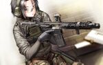  1girl ammunition_pouch assault_rifle black_gloves blurry brick_wall bulletproof_vest camouflage camouflage_pants check_gender commentary_request dagger depth_of_field foregrip gender_request gloves green_pants grey_hair gun gun_sling headset highres holding holding_gun holding_weapon holster holstered jacket knife knife_sheath load_bearing_vest looking_to_the_side magazine_(weapon) military military_combat_uniform military_operator military_uniform optical_sight original pants parted_lips pouch prosthesis prosthetic_arm rifle safety_glasses sheath short_hair sig_mcx sig_sauer sleeves_rolled_up solo thigh_holster thigh_sheath trigger_discipline unity_tactical utsucan vertical_foregrip weapon woodland_camouflage yellow_eyes 