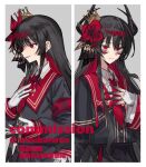  1girl armband artist_name black_capelet black_hair black_shirt black_skirt border capelet closed_mouth collared_shirt commentary_request commission crown extra_eyes extra_horns fingernails flower gloves hair_flower hair_ornament hand_on_own_chest highres layered_skirt long_fingernails long_hair long_skirt long_sleeves mahou_shoujo_no_majo_saiban multiple_views necktie nikaido_hiro pleated_capelet pleated_skirt red_armband red_eyes red_necktie red_skirt shirt side_capelet signature skirt slit_pupils smile spoilers torn_clothes torn_gloves twitter_username watermark white_border white_gloves white_shirt witch_(manosaba) wuubaiwan 
