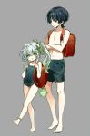  1boy 1girl alternate_costume anklet aranara_(genshin_impact) backpack bag barefoot bead_anklet beads black_hair black_one-piece_swimsuit black_swim_trunks blue_eyes blunt_ends bright_pupils cherry_(sp_gkdla) closed_mouth collarbone colored_tips covered_navel cross-shaped_pupils crossed_arms eyelashes full_body genshin_impact green_eyes green_hair grey_background hair_ornament hand_on_own_arm hands_up heart heart_hair_ornament height_difference highres jewelry long_hair looking_at_viewer looking_to_the_side multicolored_hair nahida_(genshin_impact) navel one-piece_swimsuit open_mouth pectorals randoseru red_bag scaramouche_(genshin_impact) school_swimsuit side_ponytail sidelocks standing standing_on_one_leg streaked_hair stuffed_toy swimsuit symbol-shaped_pupils topless_male tsurime white_hair white_pupils white_trim wispy_bangs 