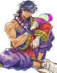  1boy asymmetrical_clothes bandaged_hand bandages bead_necklace beads black_hair bosch_(street_fighter) bracelet closed_mouth commentary_request dark-skinned_male dark_skin hat highres holding holding_unworn_clothes holding_unworn_hat jewelry looking_to_the_side male_focus medium_hair mrg2by multicolored_hair muscular muscular_male necklace pants parted_bangs purple_pants purple_shirt red_hair red_robe robe shirt shoes sideways_glance simple_background single_bare_shoulder sitting smile solo streaked_hair street_fighter street_fighter_6 twitter_username unworn_hat unworn_headwear white_background white_shoes 