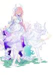  2girls absurdres bare_shoulders breasts chinese_commentary closed_eyes coat commentary_request cyrene_(demiurge)_(honkai:_star_rail) cyrene_(honkai:_star_rail) cyrene_(philia093)_(honkai:_star_rail) detached_sleeves dress dress_flower flower grass green_hair hair_flower hair_intakes hair_ornament highres holding holding_own_dress holding_quill honkai:_star_rail honkai_(series) laughing layered_dress long_hair multicolored_dress multicolored_hair multicolored_ribbon multiple_girls pink_hair pointy_ears purple_dress quill ribbon see-through_body short_sleeves socks standing standing_on_one_leg very_long_hair white_background white_dress white_hair white_sleeves wrist_ribbon xinjinjumin473436997948 