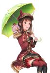  1girl absurdres animal_ears black_boots black_skirt boots breasts brown_eyes brown_hair burning_as_one_(umamusume) chikasada_tsukino coat commentary_request cosplay ear_covers ears_through_headwear hair_between_eyes hat highres holding holding_umbrella horse_ears long_hair marche_lorraine_(umamusume) marche_lorraine_(umamusume)_(cosplay) mismatched_ear_covers open_mouth ponpochi puppet real_life red_coat red_thighhighs sitting skirt smile thighhighs umamusume umbrella voice_actor voice_actor_connection 