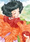  1girl choker closed_eyes closed_mouth cloud commentary_request dress farah_oersted from_behind grass green_hair highres jacket light_smile lips long_sleeves medium_hair orange_dress orange_sleeves outdoors outstretched_arms red_choker red_jacket shirako_(kirupi) solo tales_of_(series) tales_of_eternia turning_head 