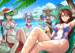  4girls absurdres aisha_clanclan ball beach beachball bikini bird blue_bikini bracelet breasts brown_hair c.c. chair choker cocktail_glass coconut_tree code_geass commentary_request cup dark-skinned_female dark_skin day drinking_glass food frilled_bikini frills gundam gundam_00 highres holding holding_ball holding_beachball holding_water_gun hoshino_ruri jewelry kidou_senkan_nadesico lounge_chair misogram multiple_girls outlaw_star palm_tree pizza pointy_ears shirt shorts sumeragi_lee_noriega swimsuit table tree twintails water_gun white_hair white_shirt wine_glass 