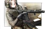 1girl ammunition_pouch assault_rifle black_gloves blurry border brick_wall bulletproof_vest camouflage camouflage_pants check_gender commentary_request dagger depth_of_field foregrip gender_request gloves green_pants grey_hair gun gun_sling headset highres holding holding_gun holding_weapon holster holstered jacket knife knife_sheath load_bearing_vest looking_to_the_side magazine_(weapon) military military_combat_uniform military_operator military_uniform optical_sight original pants parted_lips pouch prosthesis prosthetic_arm rifle safety_glasses sheath short_hair sig_mcx sig_sauer sleeves_rolled_up solo thigh_holster thigh_sheath trigger_discipline unity_tactical utsucan vertical_foregrip weapon white_border woodland_camouflage yellow_eyes 