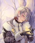  1boy absurdres aedon_(genshin_impact) animal bird black_coat black_gloves blue_eyes blush closed_mouth coat commentary commission earrings english_commentary four-pointed_star fur-trimmed_coat fur_trim genshin_impact gloves grey_coat grey_hair highres holding holding_animal illuga_(genshin_impact) jewelry male_focus mole mole_under_eye multicolored_coat multicolored_hair outdoors red_streaks smile solo star_(symbol) star_earrings streaked_hair sun3sune sweater tree twitter_username two-tone_coat upper_body white_sweater yellow_bird 
