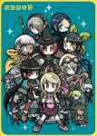  6+boys 6+girls ahoge akamatsu_kaede amami_rantaro blonde_hair blue_background blue_eyes blue_hair border broom brown_eyes brown_hair chabashira_tenko coat commentary_request copyright_name danganronpa_(series) danganronpa_v3:_killing_harmony dark-skinned_female dark_skin everyone glasses goggles gokuhara_gonta green_eyes green_hair harukawa_maki hat highres holding holding_broom hoshi_ryoma iruma_miu k1-b0 kouno_yukitoshi mole mole_under_mouth momota_kaito multiple_boys multiple_girls oma_kokichi purple_hair red_eyes red_hair saihara_shuichi shinguji_korekiyo shirogane_tsumugi tojo_kirumi white_hair witch_hat yellow_border yellow_coat yonaga_angie yumeno_himiko 