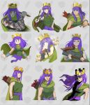  1girl akutami_gege_(style) animification araki_hirohiko_(style) archer_queen_(clash_of_clans) arrow_(projectile) belt berserk blunt_bangs boku_no_hero_academia burn_scar cape cardcaptor_sakura chainsaw_man clamp_(circle)_(style) clash_of_clans closed_mouth commentary crossbow crown dress english_commentary floating_hair frown green_cape green_dress hand_on_own_hip holding holding_arrow horikoshi_kouhei_(style) jojo_no_kimyou_na_bouken jujutsu_kaisen long_hair looking_at_viewer mononoke_hime multiple_style_parody multiple_views official_art parody purple_belt purple_hair scar serious shingeki_no_kyojin sidelocks sleeveless sleeveless_dress smile sousou_no_frieren studio_ghibli_(style) style_parody weapon zen'in_maki zen'in_maki_(post_shibuya) 