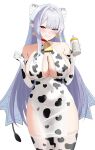  1girl 4kebidayo animal_print bare_shoulders bikini blush breasts closed_mouth commentary_request covered_navel cow_print cow_print_thighhighs earrings grey_hair hair_over_one_eye highres jewelry large_breasts long_hair looking_at_viewer mole pointy_ears print_bikini print_thighhighs purple_eyes smile solo swimsuit thighhighs velina_airgid zenless_zone_zero 