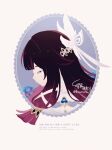  1girl black_hair blue_flower closed_eyes closed_mouth columbina_(genshin_impact) commentary eye_mask flower from_side genshin_impact hair_ornament highres kinumond long_hair long_sidelocks mask portrait purple_hair sidelocks signature solo twitter_username white_background wing_hair_ornament 