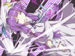  1girl blue_ribbon book capelet commentary_request dress flask gurina_15 hair_ribbon hat highres long_sleeves looking_at_viewer neck_ribbon open_book open_mouth patchouli_knowledge pink_capelet pink_dress pink_hat purple_ribbon red_ribbon ribbon round-bottom_flask solo touhou watermark 