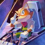  1boy absurdres animal_ears bandana bandana_around_neck bodysuit boots fox_boy fox_ears fox_mccloud furry furry_male gloves green_bodysuit grey_jacket highres jacket looking_at_viewer nuri_durr open_clothes open_jacket red_bandana salute solo star_fox two-finger_salute white_gloves 