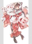  1girl 2025 absurdres apron blush boots brown_boots brown_hair closed_mouth commentary_request frilled_apron frilled_kimono frills full_body hairband highres japanese_clothes kimono lace-up_boots long_hair long_sleeves looking_at_viewer muto_095 new_year original outline outside_border pillarboxed red_eyes red_kimono signature simple_background snake solo standing standing_on_one_leg watermark white_apron white_background white_hairband white_outline wide_sleeves 