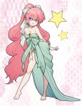  1girl :p absurdres aqua_dress asa_no_ha_(pattern) barefoot blue_eyes bow breasts cleavage collarbone commentary_request dot_nose dress earrings feet full_body hair_bow hand_on_own_thigh high_ponytail highres jewelry kagome_(pattern) long_hair looking_at_viewer odochi_(1or8) pink_background pink_hair ponytail ranma_1/2 ranma_1/2_kessen_tougenkyou!_hanayome_wo_torimodose! saotome_ranma saotome_ranma_(female) sayagata seigaiha solo standing star_(symbol) toes tongue tongue_out very_long_hair yagasuri 