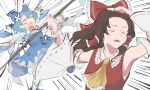  2girls ascot bloomers blue_bow blue_dress blue_hair bow brown_hair cirno commentary_request crossed_bandaids detached_sleeves detached_wings dress emphasis_lines frilled_bow frilled_hair_tubes frills hair_bow hair_tubes hakurei_reimu highres ice ice_wings ilstraight_mima jujutsu_kaisen long_hair meme multiple_girls naoya_hitting_choso_without_looking_(meme) pinafore_dress puffy_short_sleeves puffy_sleeves red_bow ribbon-trimmed_sleeves ribbon_trim short_sleeves sleeveless sleeveless_dress touhou white_bloomers wings yellow_ascot 
