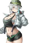  1girl absurdres bare_shoulders baseball_cap black_choker black_hat black_shirt black_shorts breasts budget_sarashi choker cleavage commentary_request crop_top dushevnaya_(girls'_frontline_2) dushevnaya_(tomorrow's_savior)_(girls'_frontline_2) girls'_frontline girls'_frontline_2:_exilium grey_hair hand_up hat highres jacket jewelry ksvk_(girls'_frontline) large_breasts long_sleeves looking_at_viewer mechanical_arms medium_hair midriff navel necklace off_shoulder official_alternate_costume one_eye_closed open_clothes open_fly open_jacket panty_straps pink_eyes sarashi shirt short_shorts shorts simple_background single_mechanical_arm sleeveless sleeveless_shirt solo standing stomach v white_background white_jacket zion_rss 