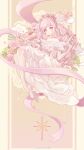  1girl absurdres bare_arms bare_legs bare_shoulders beads birthday blossoming_impression_(shining_nikki) border brown_background cake cake_slice candle chinese_commentary commentary_request dress eyelashes fairy floating floral_background flower flower_dress food fork full_body gown hair_beads hair_bun hair_ornament half_updo happy hexagram high_heels highres holding holding_fork holding_plate knees_up lipstick long_dress long_hair makeup nikki_(nikki) nikki_(series) number_candle off-shoulder_dress off_shoulder outside_border parted_lips pillarboxed pink_dress pink_eyes pink_flower pink_hair pink_lips pink_ribbon pink_shoes plate ribbon ringlets shining_nikki shoes short_sleeves sidelocks single_hair_bun smile solo star_(symbol) strawberry_shortcake tareme very_long_hair watermark wavy_hair weibo_watermark white_flower xiaoyu_qixing yellow_border 