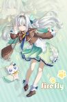  1girl absurdres aqua_background aqua_skirt bag bag_charm blue_necktie blue_pupils boots brown_bag brown_boots brown_hairband brown_jacket cat character_name charm_(object) chongguoren commentary english_commentary firefly_(honkai:_star_rail) firefly_(little_cat)_(honkai:_star_rail) floating_hair full_body grey_hair hair_between_eyes hair_intakes hair_ornament hairband hand_up highres honkai:_star_rail honkai_(series) jacket leaning_forward long_hair looking_at_viewer multicolored_hairband neckerchief necktie one_eye_closed open_mouth orange_neckerchief purple_eyes shirt skirt solo two-tone_hairband v white_hairband white_shirt zoom_layer 