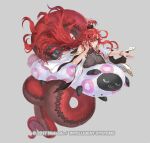  1girl bare_shoulders black_scrunchie bracelet breasts capelet commentary copyright_notice covered_navel duplicate fire_emblem fire_emblem_heroes full_body grey_background grey_leotard hair_ornament hair_scrunchie head_rest hip_armor holding holding_stuffed_toy holding_with_tail jewelry jormungandr_(fire_emblem) lamia large_breasts leotard long_hair looking_at_viewer monster_girl official_art outstretched_arm panties parted_lips prehensile_tail red_hair red_ribbon red_scales ribbon scales scrunchie slit_pupils smile solo stuffed_animal stuffed_sheep stuffed_toy tail taut_clothes thong thong_panties topknot underwear very_long_hair white_capelet yellow_eyes yoshiku_(oden-usagi) 