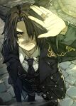  1boy absurdres animal_ears arm_up black_necktie cat_ears closed_mouth commentary_request facial_mark final_fantasy final_fantasy_xiv from_above hair_over_one_eye hide_(hideout) highres jacket jewelry looking_at_viewer male_focus miqo'te multiple_rings necktie open_clothes open_jacket ring short_hair slit_pupils solo vest waistcoat warrior_of_light_(ff14) whisker_markings 