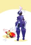  ^^^ absurdres armor breastplate ceruledge charcadet commentary_request fallen_down highres lying mikan_bako motion_lines on_stomach pokemon pokemon_(creature) pokemon_focus standing sweat translation_request 