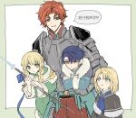  1girl 3boys absurdres aged_down annoyed ascot black_capelet blonde_hair blue_ascot blue_eyes blush_stickers braid capelet carrying carrying_person carrying_under_arm child crossed_arms dimitri_alexandre_blaiddyd dimitri_alexandre_blaiddyd_(young) felix_hugo_fraldarius felix_hugo_fraldarius_(young) fire_emblem fire_emblem:_three_houses fire_emblem_heroes fur_trim gimdol_z green_eyes highres holding holding_polearm holding_weapon ingrid_brandl_galatea ingrid_brandl_galatea_(young) korean_text long_hair long_sleeves multiple_boys official_alternate_costume official_alternate_hairstyle orange_hair polearm ribbon short_hair speech_bubble sylvain_jose_gautier sylvain_jose_gautier_(timeskip) time_paradox translation_request twin_braids v-shaped_eyebrows weapon white_capelet 
