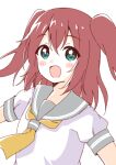  1girl :d blush_stickers commentary_request dot_nose double-parted_bangs green_eyes grey_sailor_collar hair_between_eyes haru_(konomi_150) highres kurosawa_ruby long_hair love_live! love_live!_sunshine!! necktie open_mouth red_hair sailor_collar school_uniform serafuku shirt short_sleeves simple_background smile solo two_side_up upper_body uranohoshi_school_uniform white_background white_shirt yellow_necktie 
