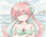  1girl bare_shoulders big_hair bow breasts brooch cleavage closed_eyes cloud commentary_request crossed_arms dress hair_bow island jewelry large_breasts long_hair looking_at_viewer ocean odochi_(1or8) official_alternate_costume outdoors painting_(medium) pink_hair ranma_1/2 ranma_1/2_kessen_tougenkyou!_hanayome_wo_torimodose! saotome_ranma saotome_ranma_(female) smile solo strapless strapless_dress traditional_media upper_body watercolor_(medium) 