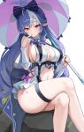  1girl absurdres black_nails bow bowtie breasts clothing_cutout commentary crossed_legs drill_hair drill_sidelocks frilled_one-piece_swimsuit frills heart_cutout highres holding holding_umbrella large_breasts looking_at_viewer multicolored_hair nail_polish navel official_alternate_costume one-piece_swimsuit personality2407 pointy_ears purple_bow purple_bowtie purple_eyes red_eyes see-through_cleavage see-through_clothes sidelocks simple_background sitting smile solo stomach stomach_cutout streaked_hair swimsuit umbrella umbrella_over_shoulder vivian_banshee vivian_banshee_(iris_of_the_shore) white_background white_hair white_one-piece_swimsuit zenless_zone_zero 
