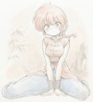  1girl bamboo_leaf bracer braid braided_ponytail breasts chinese_clothes commentary_request large_breasts looking_at_viewer odochi_(1or8) painting_(medium) pants pink_hair ranma_1/2 red_shirt rock saotome_ranma saotome_ranma_(female) shirt single_braid sitting sleeveless sleeveless_shirt solo tangzhuang traditional_media wariza watercolor_(medium) 